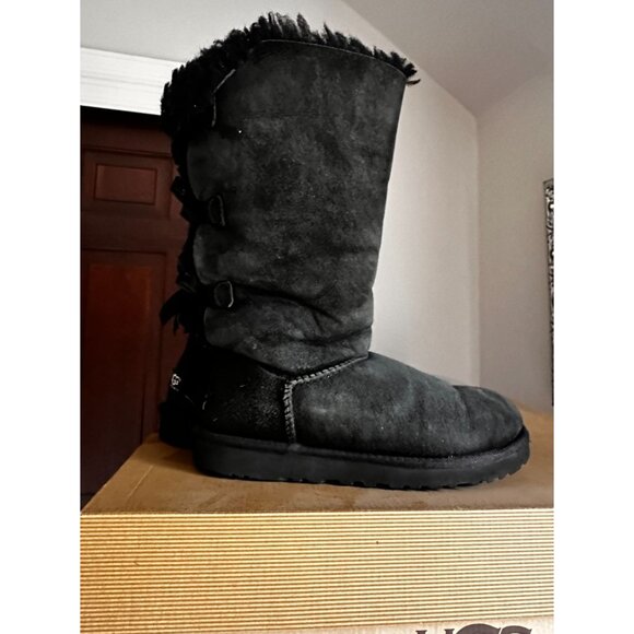 UGG black Bailey Bow tall suede and sheepskin boots size 7 - Picture 2 of 7